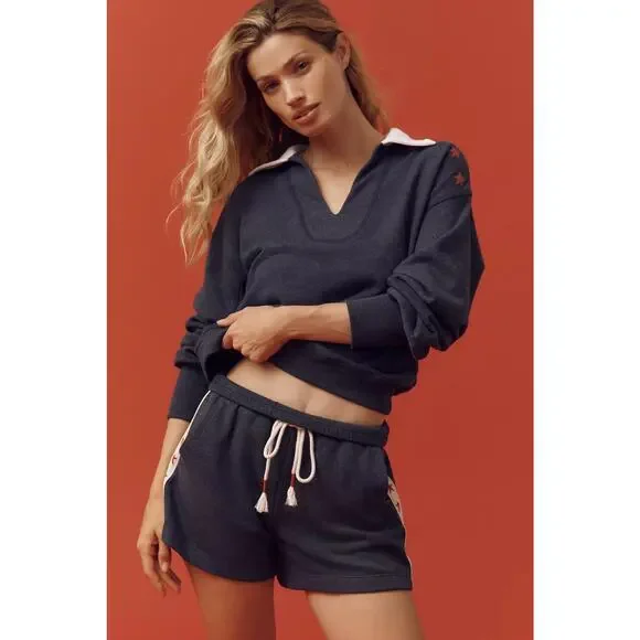 Sundry Vintage Terry Popover Polo Sweatshirt Blue Stars Size Medium - Picture 1 of 10